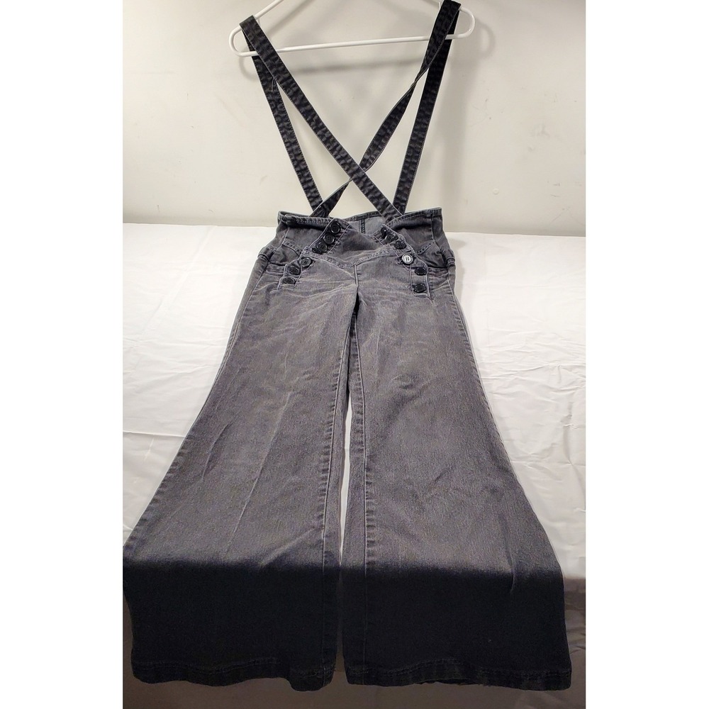 YNQ‎ Denim Overalls Jumpsuit Wide Leg Flare Bell Bottom Gray Button Front